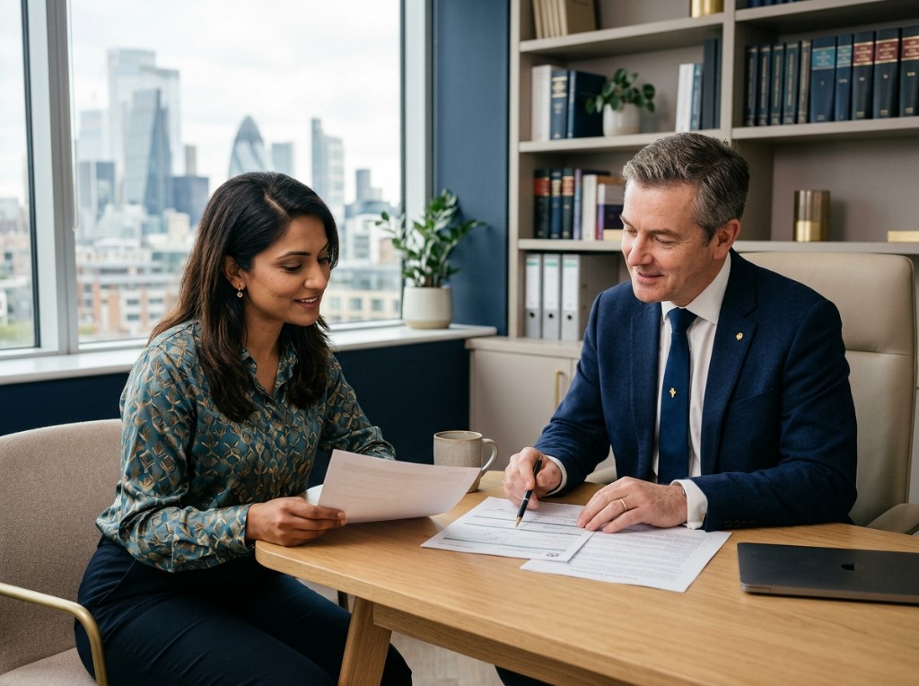 SKB LAW consultation — advisors reviewing documents together in a modern office